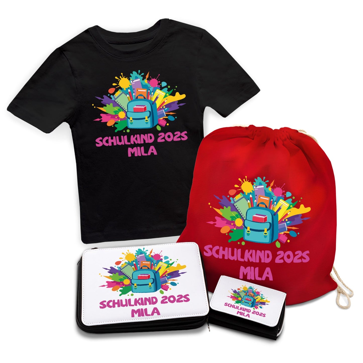 Personalisiertes Schulset - Rucksack - mit T-Shirt, Sportbeutel,  Federmappe & Geldbörse