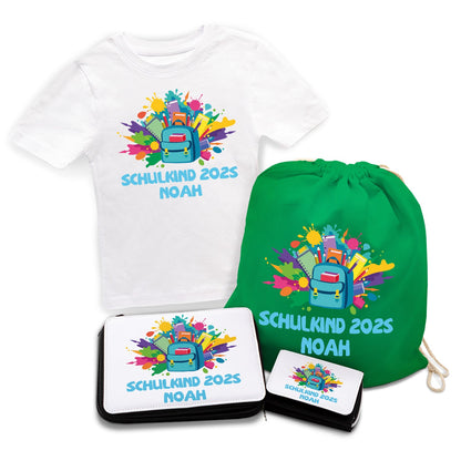 Personalisiertes Schulset - Rucksack - mit T-Shirt, Sportbeutel,  Federmappe & Geldbörse