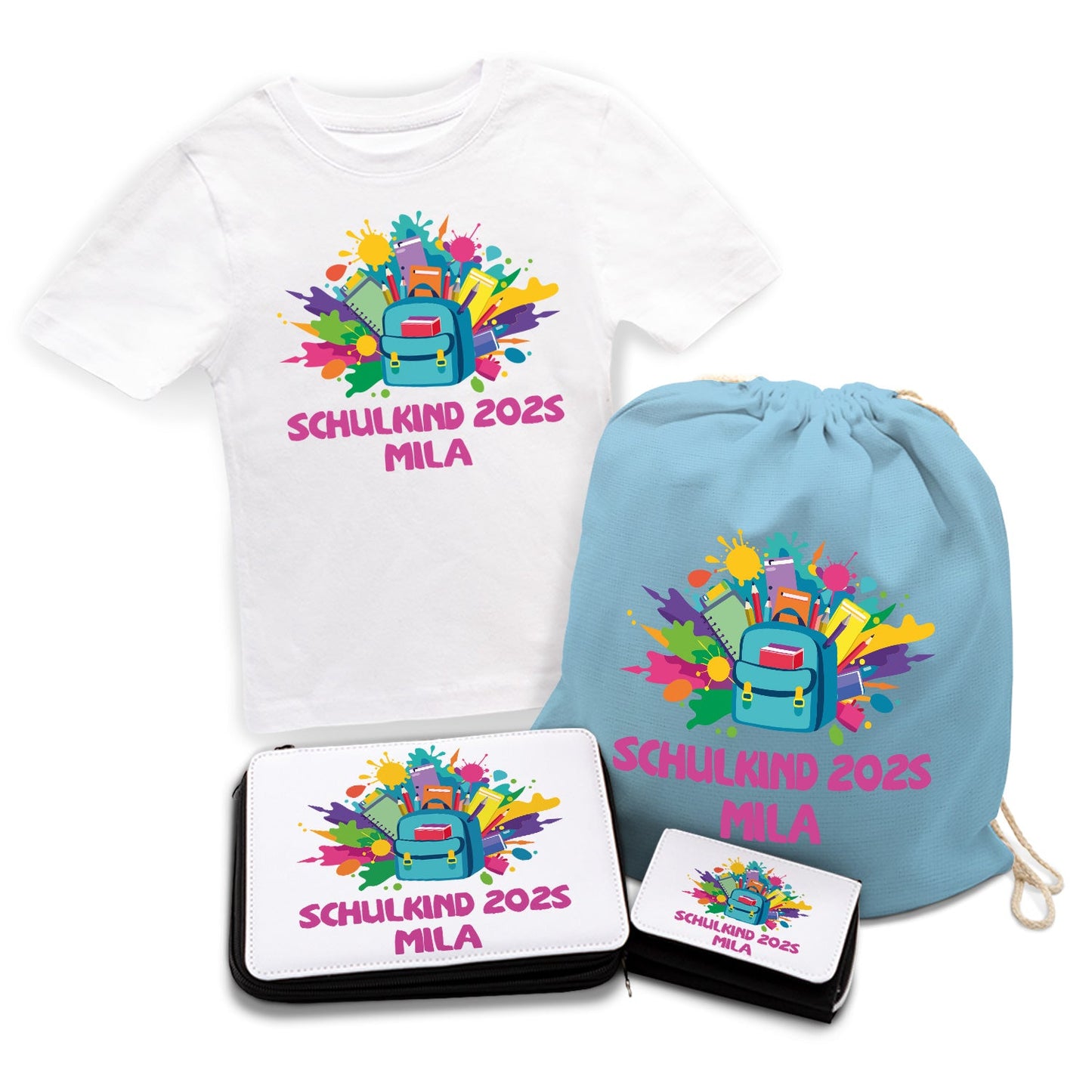 Personalisiertes Schulset - Rucksack - mit T-Shirt, Sportbeutel,  Federmappe & Geldbörse