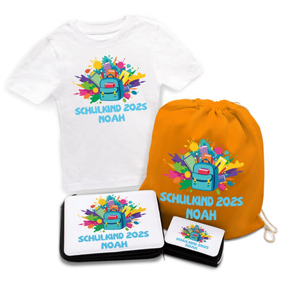 Personalisiertes Schulset - Rucksack - mit T-Shirt, Sportbeutel,  Federmappe & Geldbörse