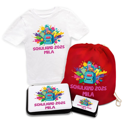 Personalisiertes Schulset - Rucksack - mit T-Shirt, Sportbeutel,  Federmappe & Geldbörse