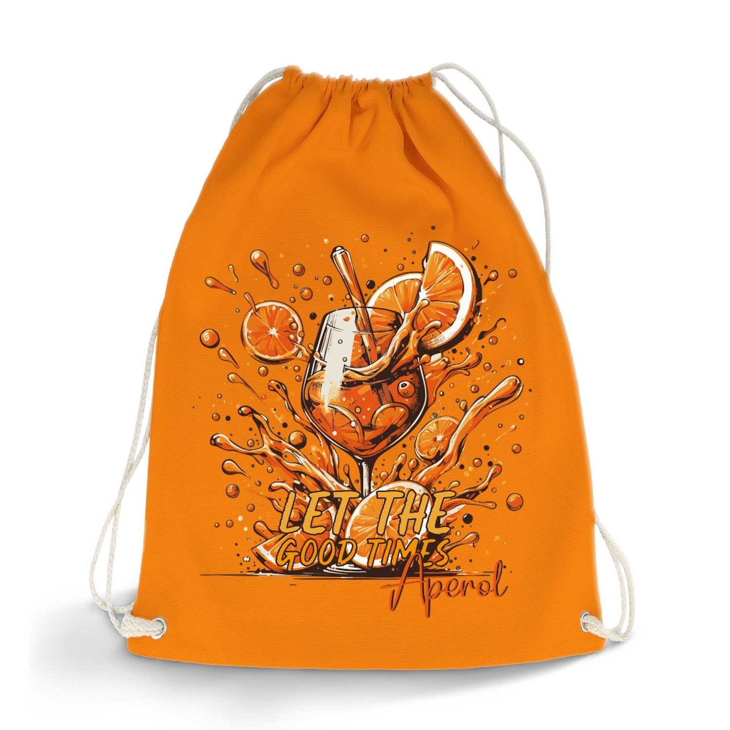 Farbiger Turnbeutel mit DTF-Druck - Let the good Times Aperol