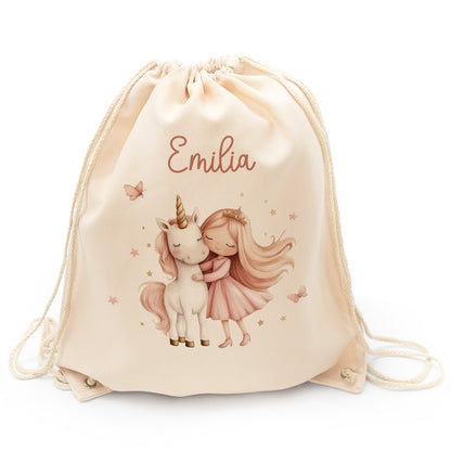 Turnbeutel mit Kindermotiv  - Prinzessin & Einhorn - für Kinder