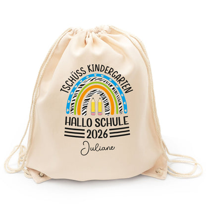 Turnbeutel für Kinder - Tschüss Kindergarten Regenbogen - zur Einschulung