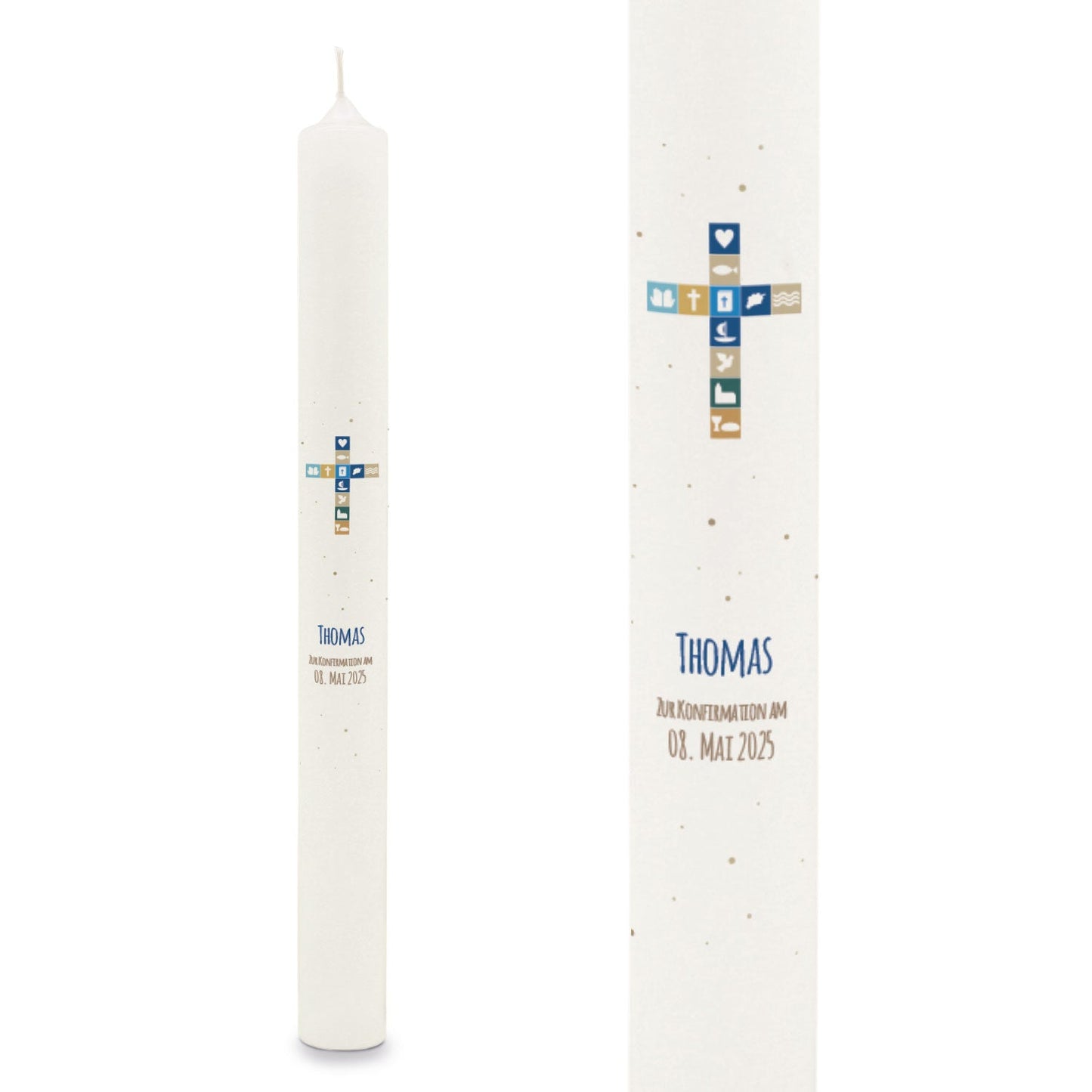 Stabkerze "Kreuz Symbole"- Kommunion Kerze mit Namen & Datum