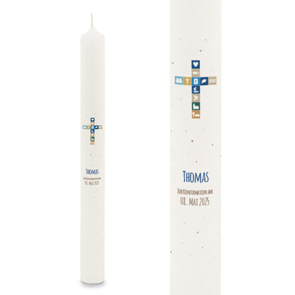 Stabkerze "Kreuz Symbole"- Kommunion Kerze mit Namen & Datum