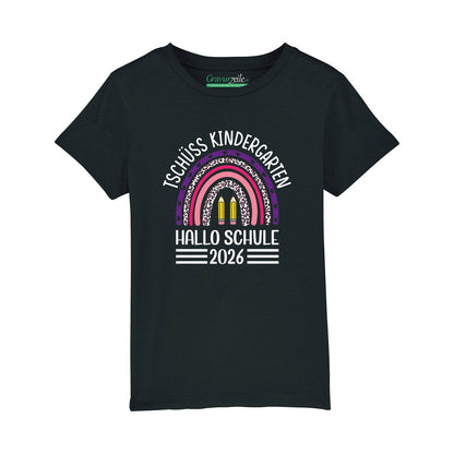 Bedrucktes T-Shirt für Kinder - Tschüss Kindergarten Regenbogen Lila