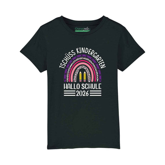 Bedrucktes T-Shirt für Kinder - Tschüss Kindergarten Regenbogen Lila