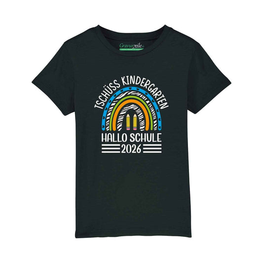 Bedrucktes T-Shirt für Kinder - Tschüss Kindergarten Regenbogen Blau