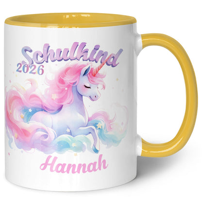 Bedruckte Tasse mit Einschulung magisches Einhorn Motiv - personalisiert mit Name