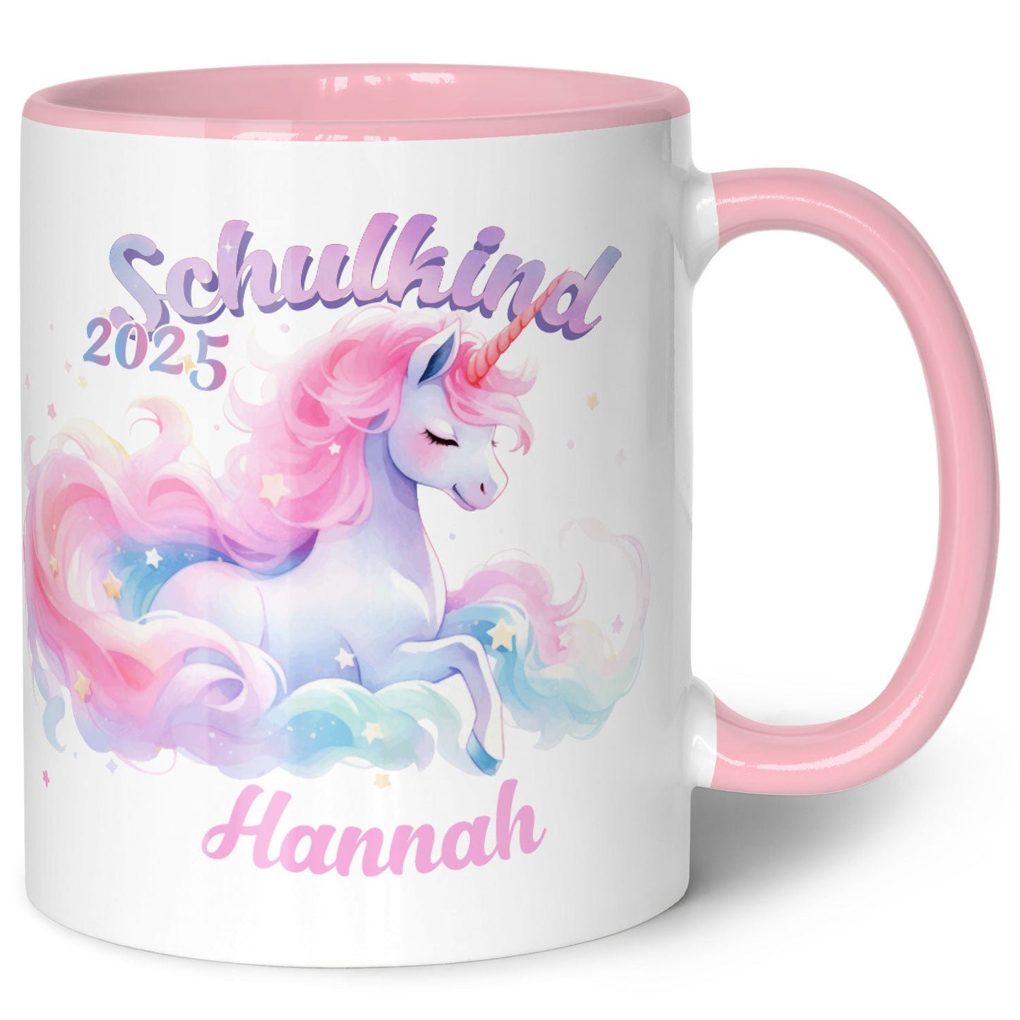 Bedruckte Tasse mit Einschulung magisches Einhorn Motiv - personalisiert mit Name