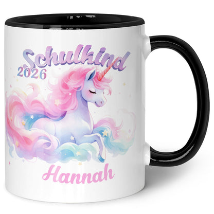 Bedruckte Tasse mit Einschulung magisches Einhorn Motiv - personalisiert mit Name