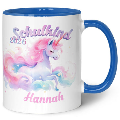 Bedruckte Tasse mit Einschulung magisches Einhorn Motiv - personalisiert mit Name