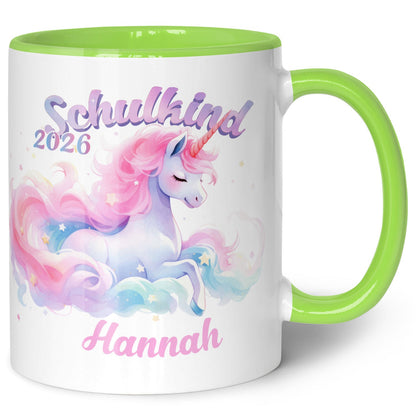 Bedruckte Tasse mit Einschulung magisches Einhorn Motiv - personalisiert mit Name