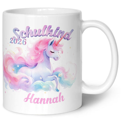 Bedruckte Tasse mit Einschulung magisches Einhorn Motiv - personalisiert mit Name
