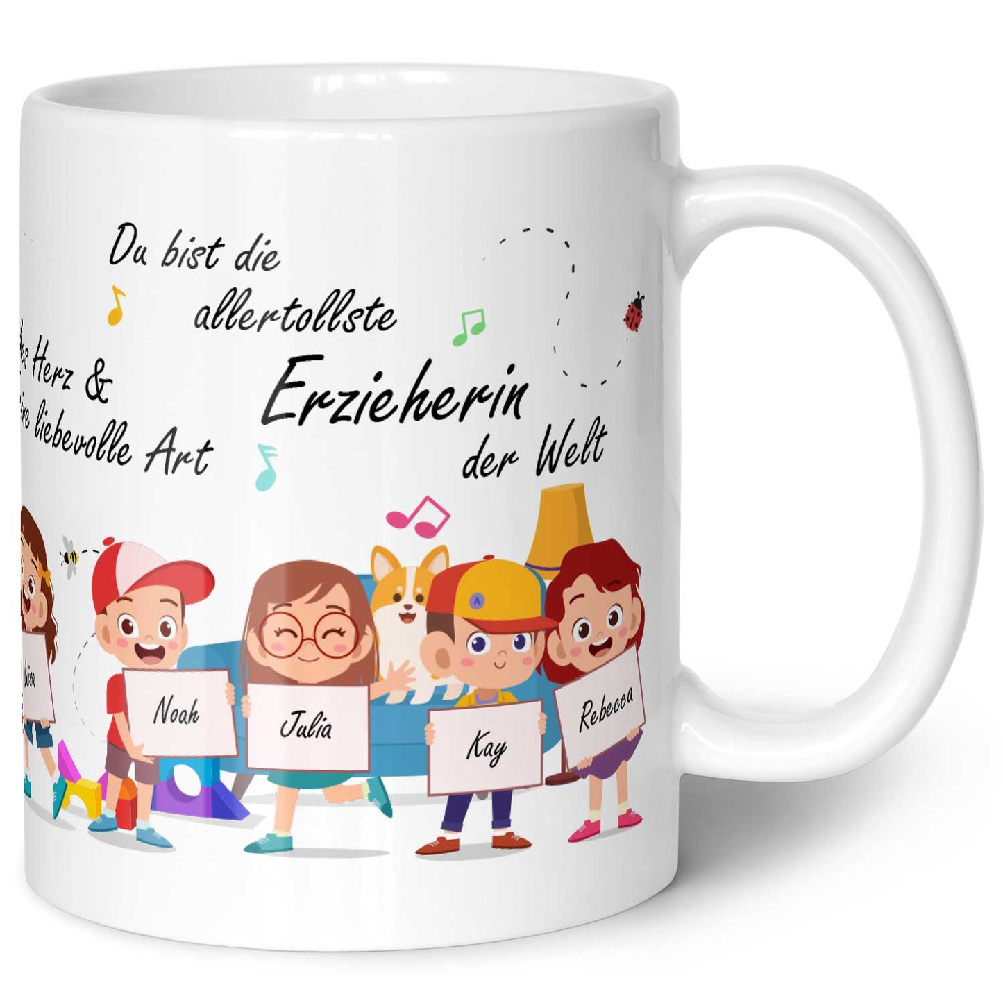 Bedruckte Tasse mit Spruch Erzieher/in Abschied mit Schildern für bis zu 10 Namen