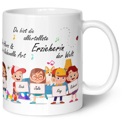 Bedruckte Tasse mit Spruch Erzieher/in Abschied mit Schildern für bis zu 10 Namen