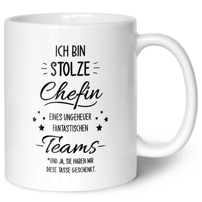 Bedruckte Tasse mit Spruch Stolze Chefin