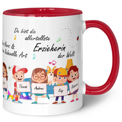 Bedruckte Tasse mit Spruch Erzieher/in Abschied mit Schildern für bis zu 10 Namen