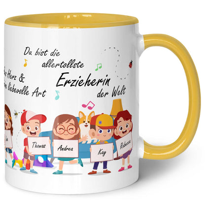 Bedruckte Tasse mit Spruch Erzieher/in Abschied mit Schildern für bis zu 10 Namen