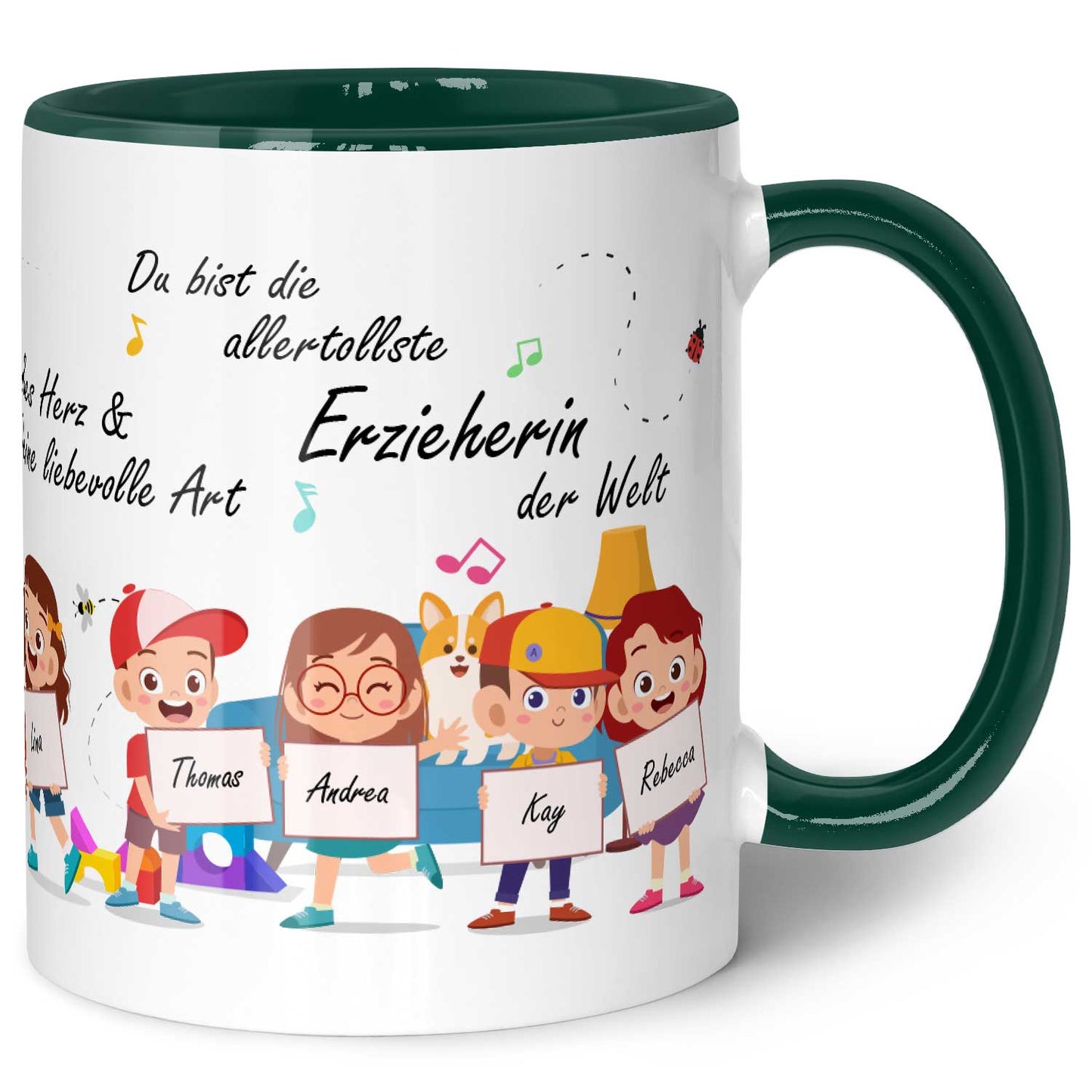 Bedruckte Tasse mit Spruch Erzieher/in Abschied mit Schildern für bis zu 10 Namen
