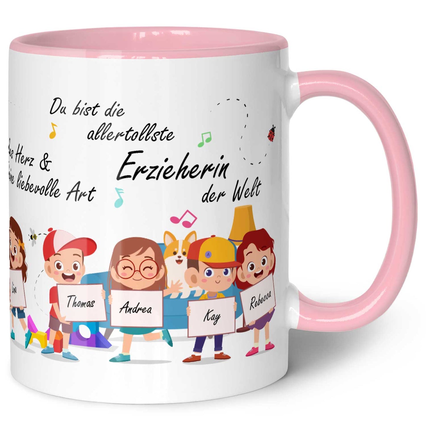 Bedruckte Tasse mit Spruch Erzieher/in Abschied mit Schildern für bis zu 10 Namen