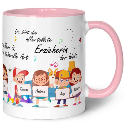 Bedruckte Tasse mit Spruch Erzieher/in Abschied mit Schildern für bis zu 10 Namen