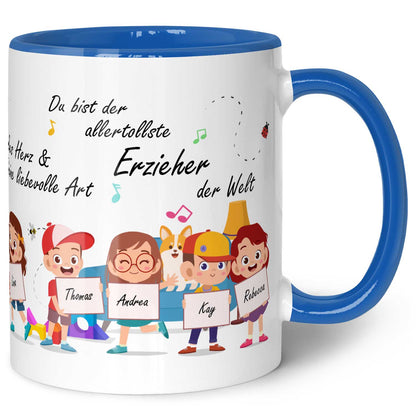 Bedruckte Tasse mit Spruch Erzieher/in Abschied mit Schildern für bis zu 10 Namen