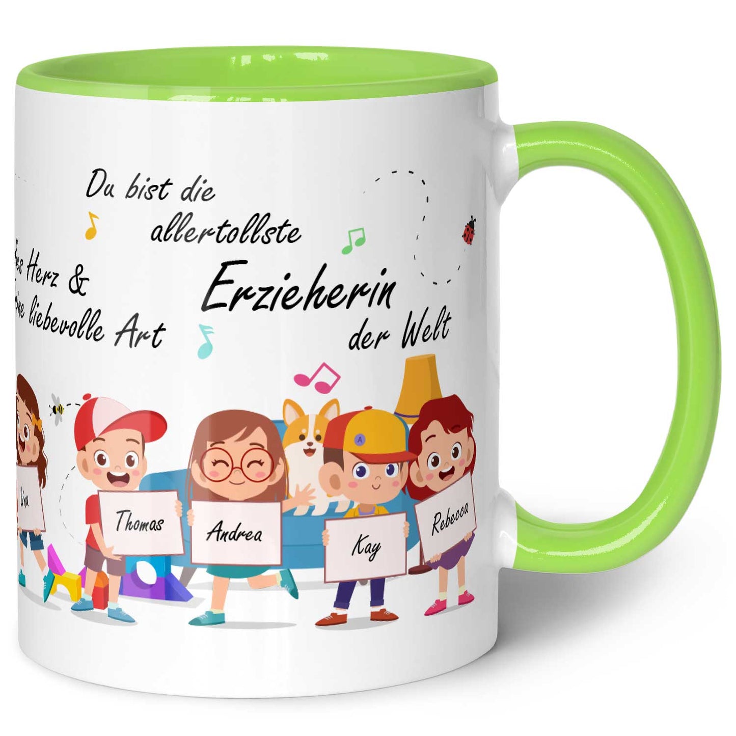 Bedruckte Tasse mit Spruch Erzieher/in Abschied mit Schildern für bis zu 10 Namen