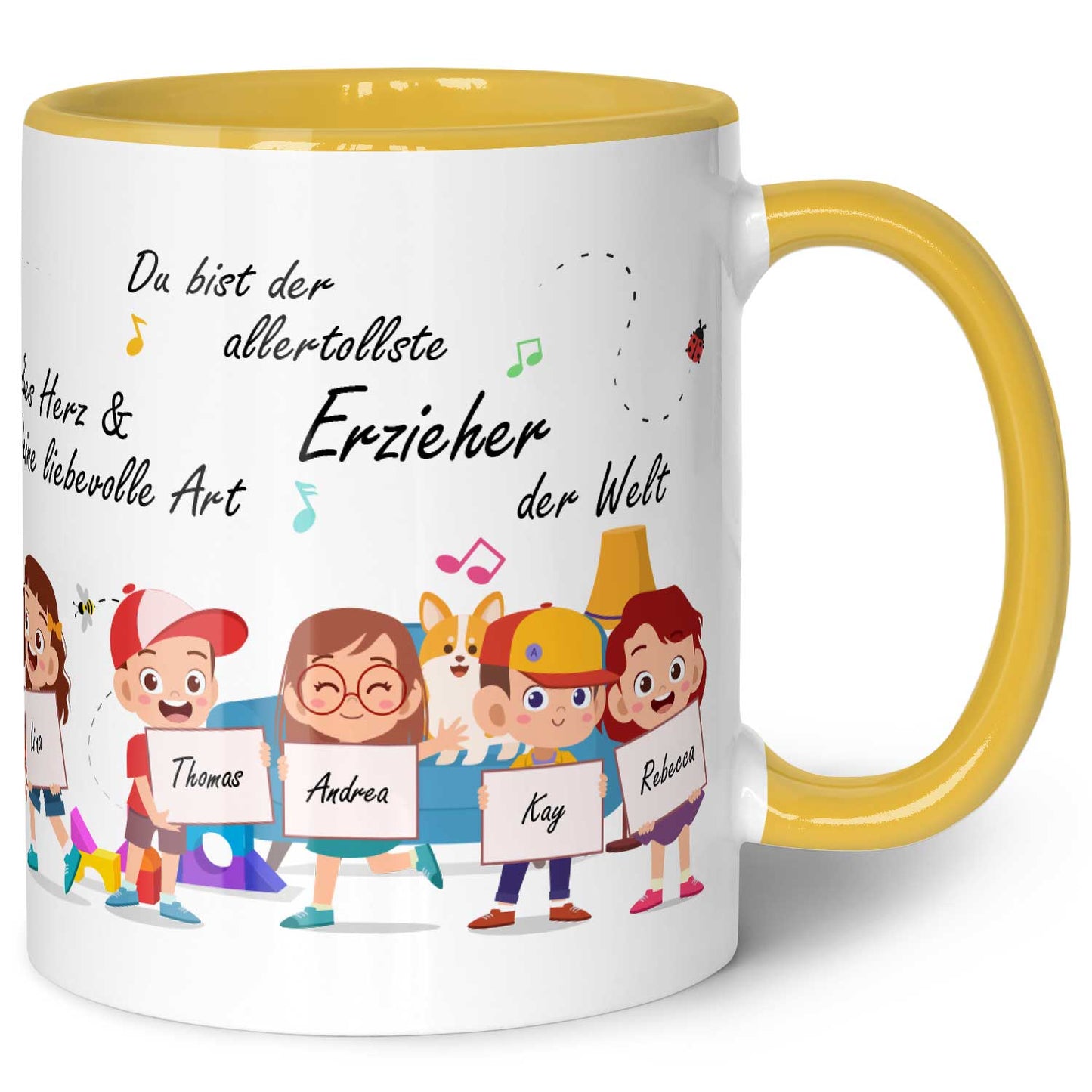 Bedruckte Tasse mit Spruch Erzieher/in Abschied mit Schildern für bis zu 10 Namen