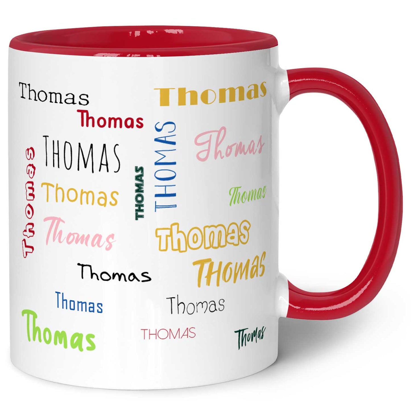 Bedruckte Tasse mit Namen in verschiedenen Schriftarten
