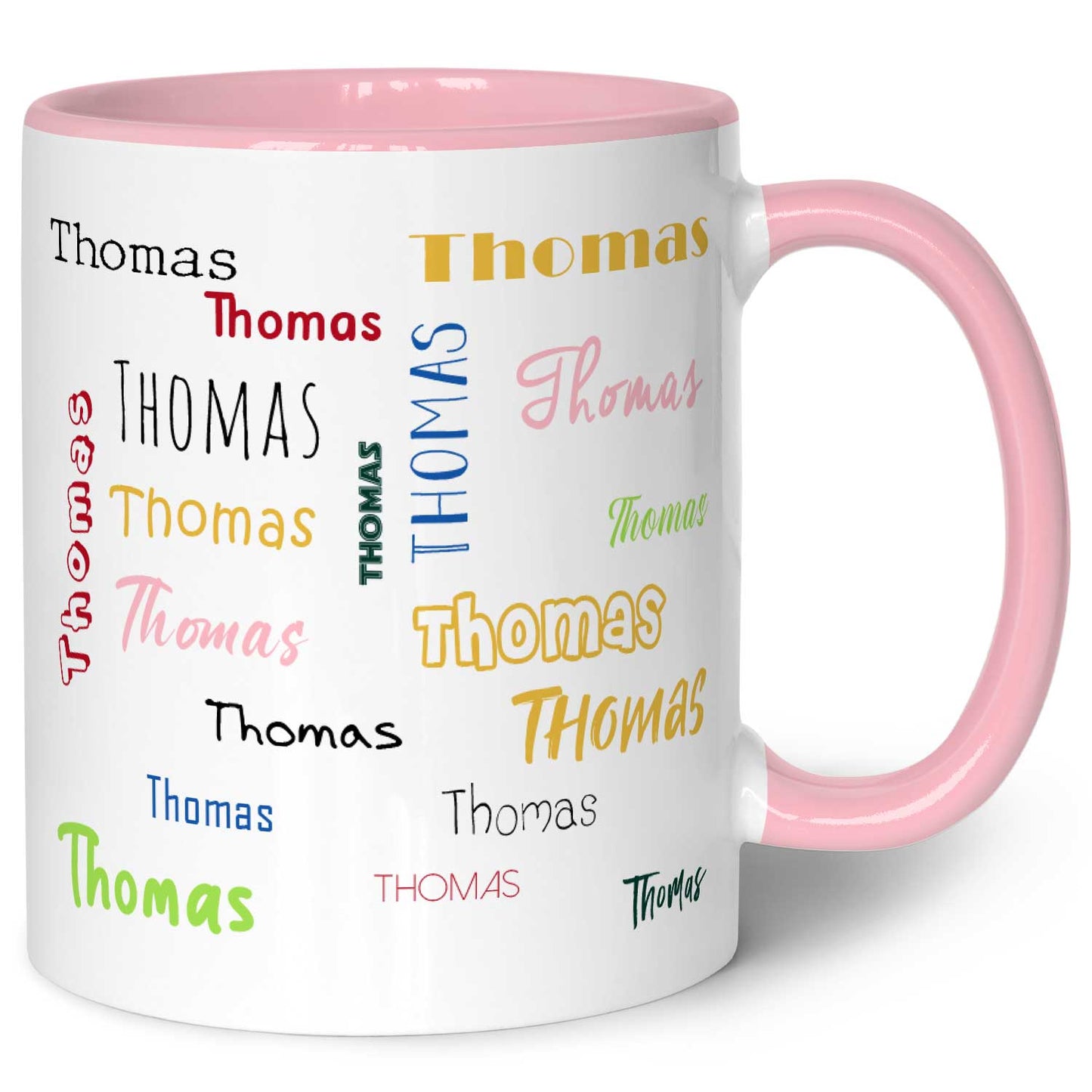 Bedruckte Tasse mit Namen in verschiedenen Schriftarten