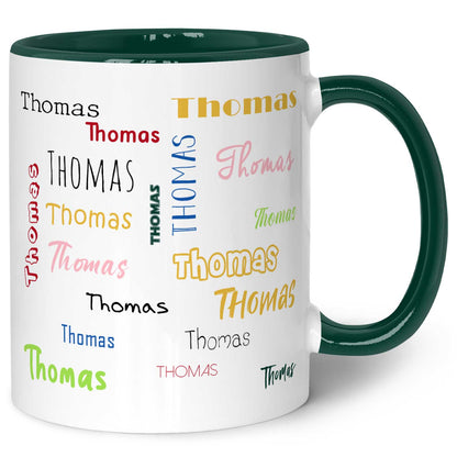 Bedruckte Tasse mit Namen in verschiedenen Schriftarten