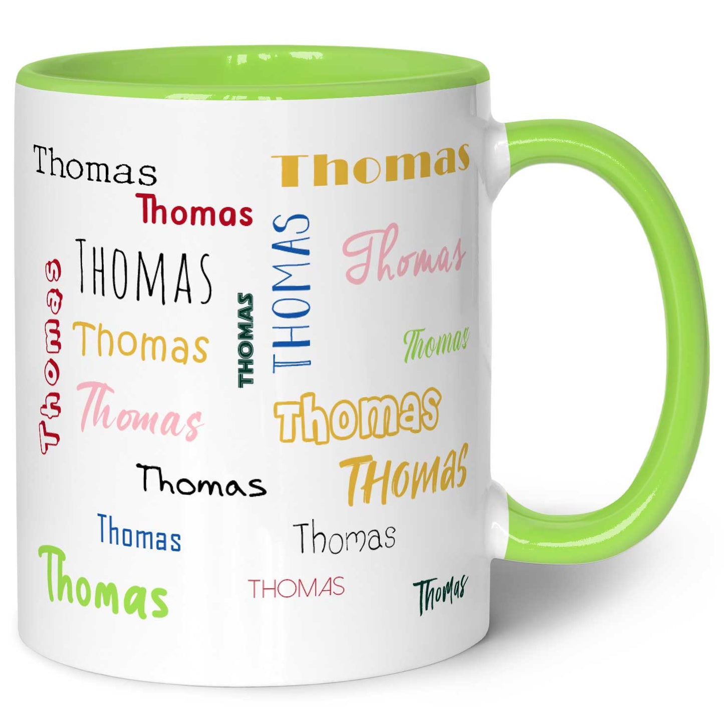 Bedruckte Tasse mit Namen in verschiedenen Schriftarten