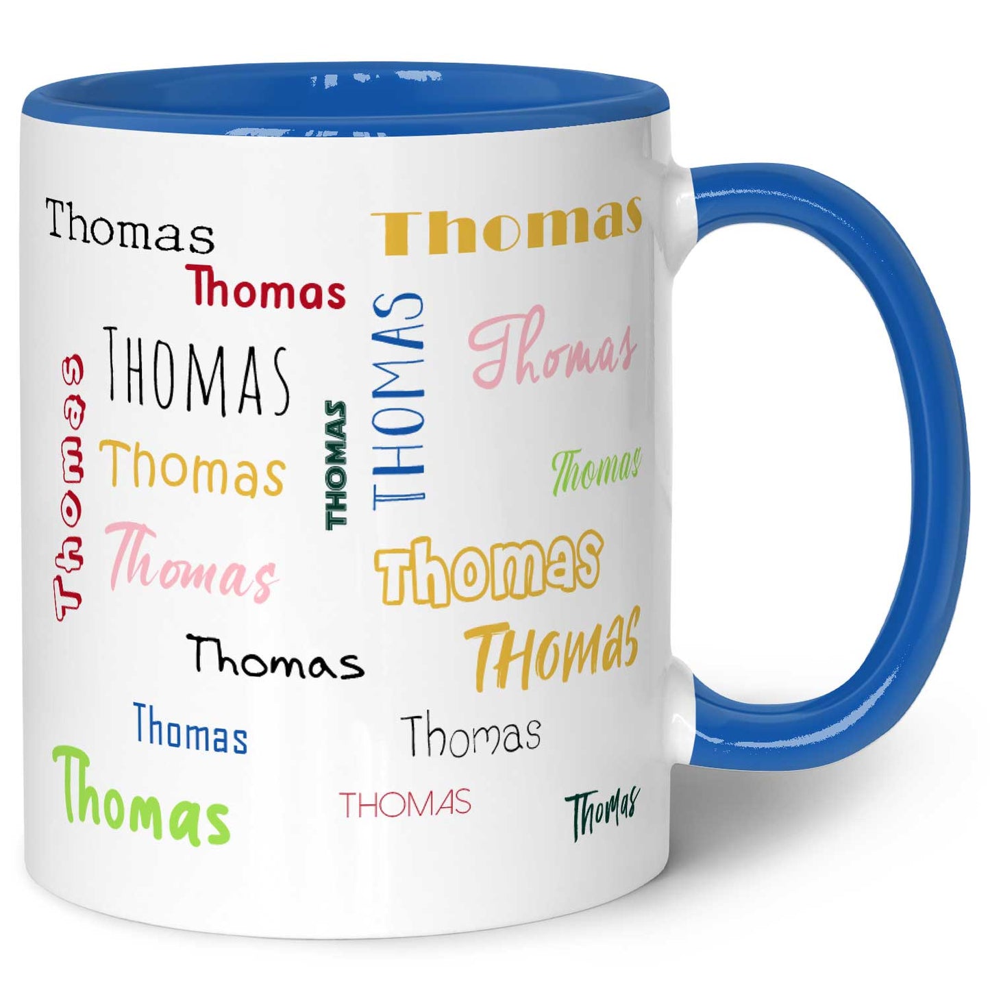 Bedruckte Tasse mit Namen in verschiedenen Schriftarten