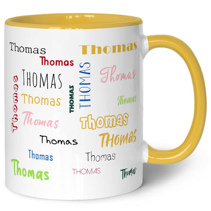 Bedruckte Tasse mit Namen in verschiedenen Schriftarten