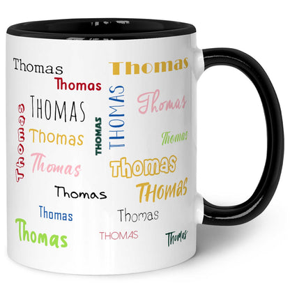 Bedruckte Tasse mit Namen in verschiedenen Schriftarten