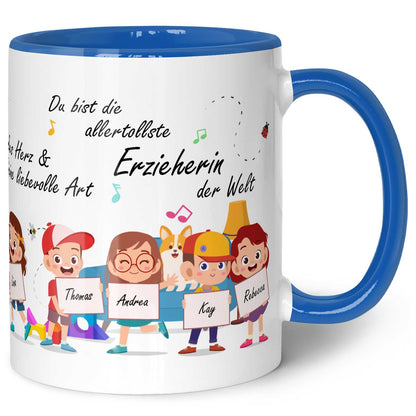 Bedruckte Tasse mit Spruch Erzieher/in Abschied mit Schildern für bis zu 10 Namen