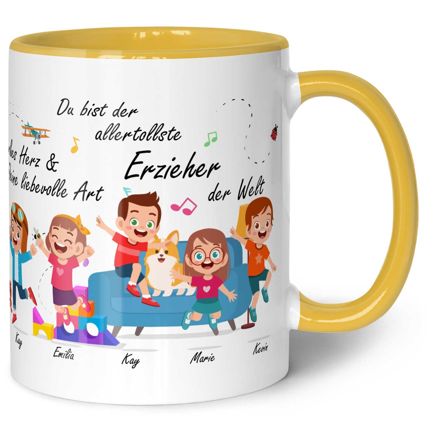 Bedruckte Tasse mit Spruch Erzieher/in Abschied mit springenden Kindern