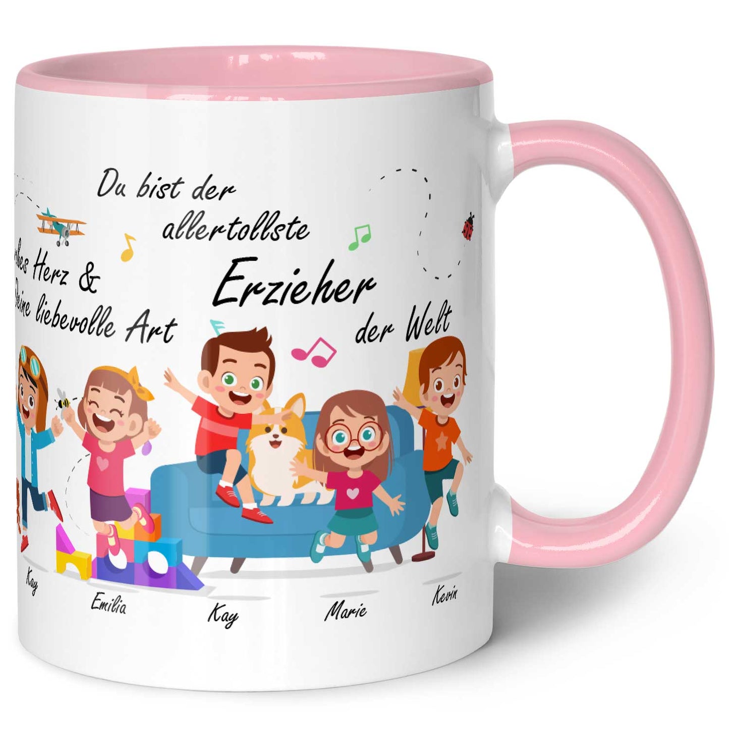 Bedruckte Tasse mit Spruch Erzieher/in Abschied mit springenden Kindern