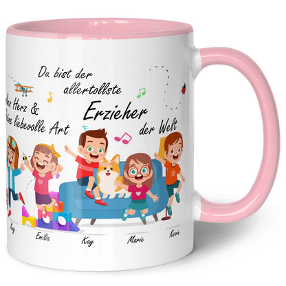 Bedruckte Tasse mit Spruch Erzieher/in Abschied mit springenden Kindern