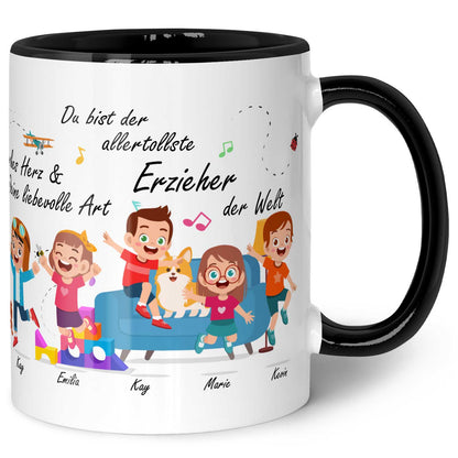 Bedruckte Tasse mit Spruch Erzieher/in Abschied mit springenden Kindern