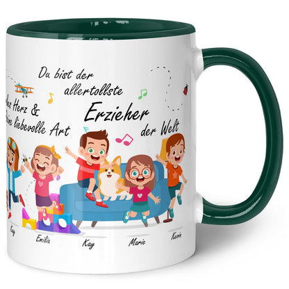Bedruckte Tasse mit Spruch Erzieher/in Abschied mit springenden Kindern