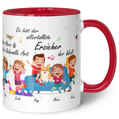 Bedruckte Tasse mit Spruch Erzieher/in Abschied mit springenden Kindern