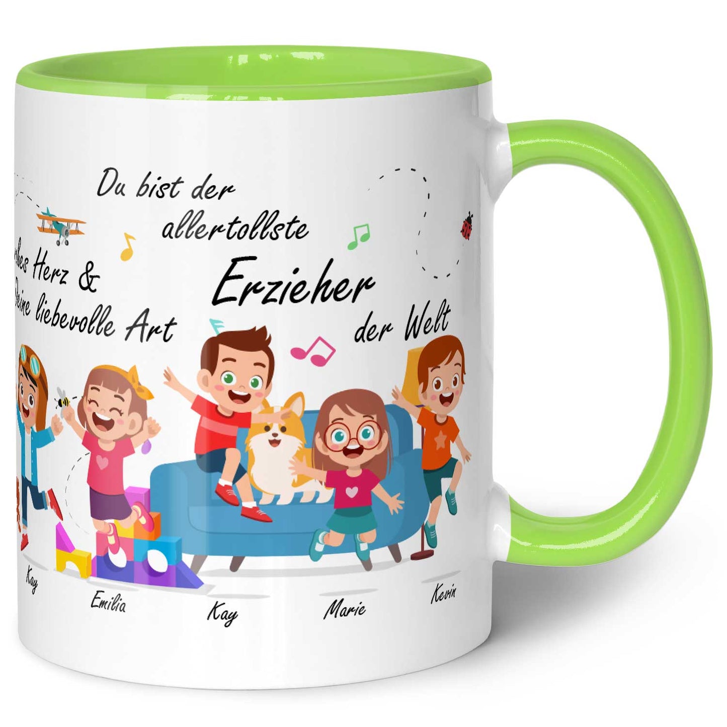 Bedruckte Tasse mit Spruch Erzieher/in Abschied mit springenden Kindern