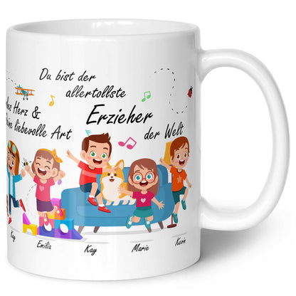 Bedruckte Tasse mit Spruch Erzieher/in Abschied mit springenden Kindern