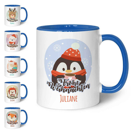 Bedruckte Tasse mit Weihnachtsmotiv - Weihnachtstiere mit Name