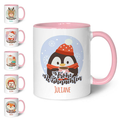 Bedruckte Tasse mit Weihnachtsmotiv - Weihnachtstiere mit Name