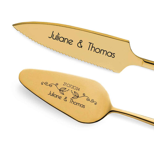 Tortenbesteck im Set - Blumenranke - Mit persönlicher Gravur als Geschenk zur Hochzeit