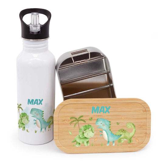 Bedruckte Brotdose & Trinkflasche im Set - Dino